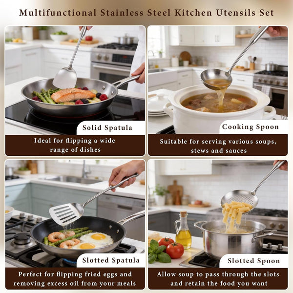 4-Piece Cooking Utensils Set, Stainless Steel Kitchen Utensils, Metal Kitchen Tools Include Solid & Slotted Turner Wok Spatula, Serving Spoon, Ergonomic Handle, Easy to Clean6