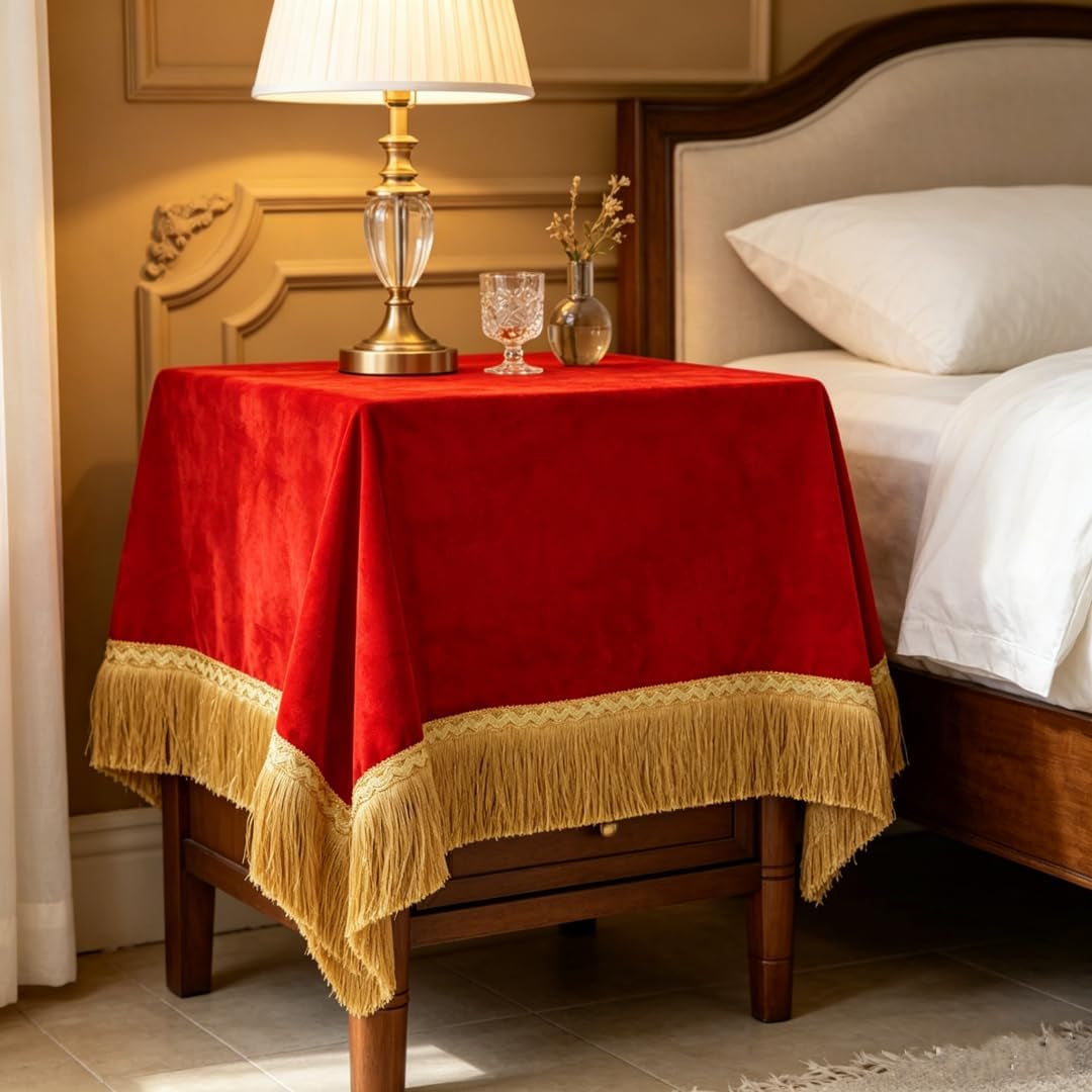 luxury-red-velvet-nightstand-cover-with-gold-tassel-fringe-decorative-bedside-table-cloth-dust-proof-dresser-scarf-for-bedroom-nightstand-side-table-dresser-home-decor-36-x-36-inch