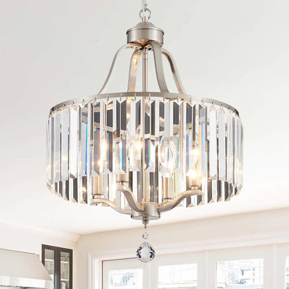 Modern Crystal Chandeliers round 4-Light Large Brushed Nickel Pendant Lighting Fixture for Dining Room Living Room Kitchen Island Bedroom Hallway Hall Foyer, 15.7"9