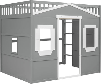 Full Size Wood Loft Bed, House Bed Frame with Ladder and Safety Guardrails for Kids, No Box Spring Needed, Gray+White4