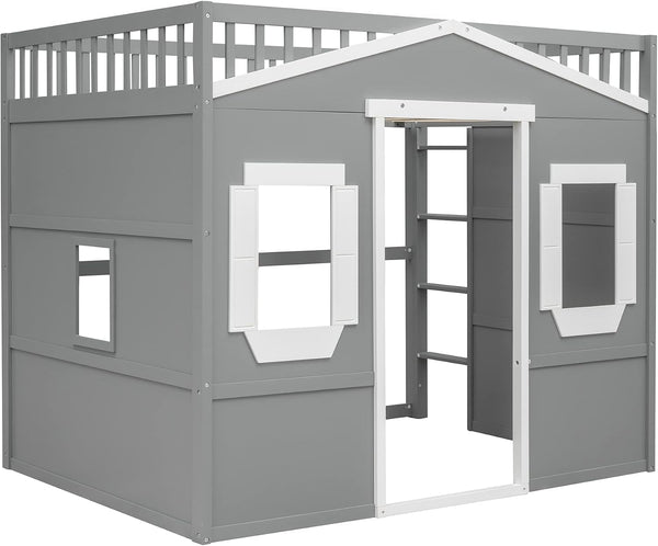 Full Size Wood Loft Bed, House Bed Frame with Ladder and Safety Guardrails for Kids, No Box Spring Needed, Gray+White4