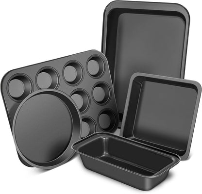 Baking Pans Set, 5-Piece Nonstick Bakeware Sets, Black | Kitchen Cookware Sets Baking Supplies with Round/Square Cake Pan, Muffin Loaf Roast Pan, Baking Sheets for Oven, Black1