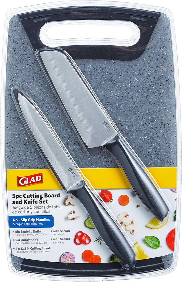 Knife Set with Cutting Board, 5 Pieces | Sharp Santoku and Utility Knives with Blade Covers and Plastic Chopping Block | Kitchen Cooking Accessories8