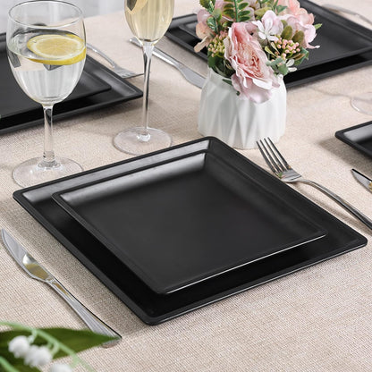 12 Piece Melamine Plates and Bowls Sets，Black Square Dinnerware Set for 44