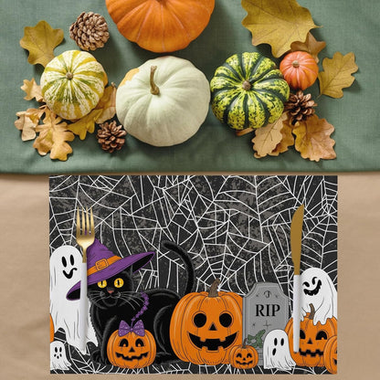 Halloween Pumpkin Placemats Set of 4,Ghost Black Cat Cotton Linen Heat-Proof Washable Placemat for Holiday Banquet Kitchen Table Decor,Spiderweb Black White Table Mat 13X19Inch7