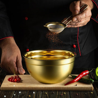 6 Pcs Gold Kitchen Accessories Set Includes 3 Gold Mixing Bowls with Airtight Lids Stainless Steel Colander Grater Slicer and Fine Mesh Strainer(Mixing Bowls: 2.8/3.7/5 Qt, Colander: 4 Qt)7