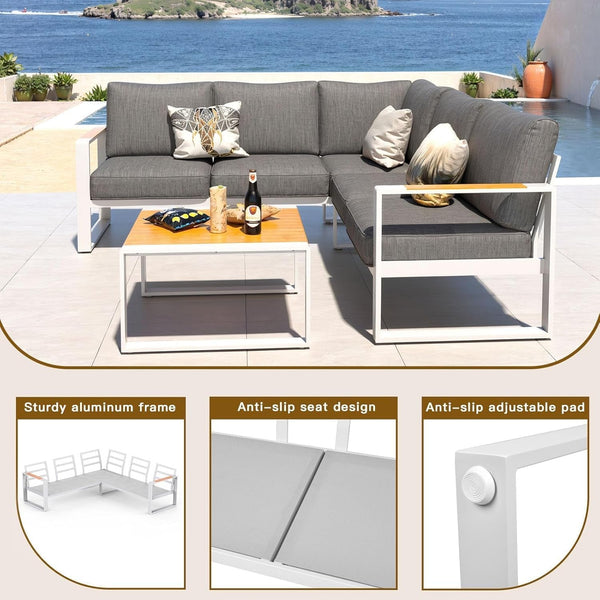 Aluminum Patio Furniture Set, All-Weather Outdoor Couch Sectional, L Shaped Patio Conversation Sets, Metal Corner Sofa with Teak Coffee Table(Cushion: Dark Gray, White Frame)6