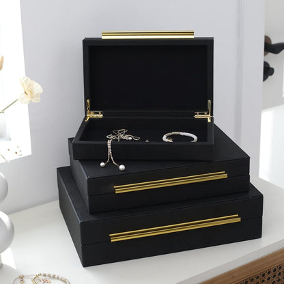 Faux Shagreen Decorative Stackable Jewelry Storage Boxes Set of 3,Black | Jewelry Organizers with Gold Metal Handles & Velvet Lining, Modern Black Box for Vanity, Entryway & Coffee Table Décor6