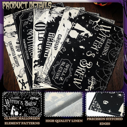 6 Pcs Halloween Placemats 12"X18" Gothic Bat Placemats Kitchen Decoration Washable Witch Place Mats Rectangle Skull Table Mats for Halloween Dining Table Accessories(Black White Character Style)3