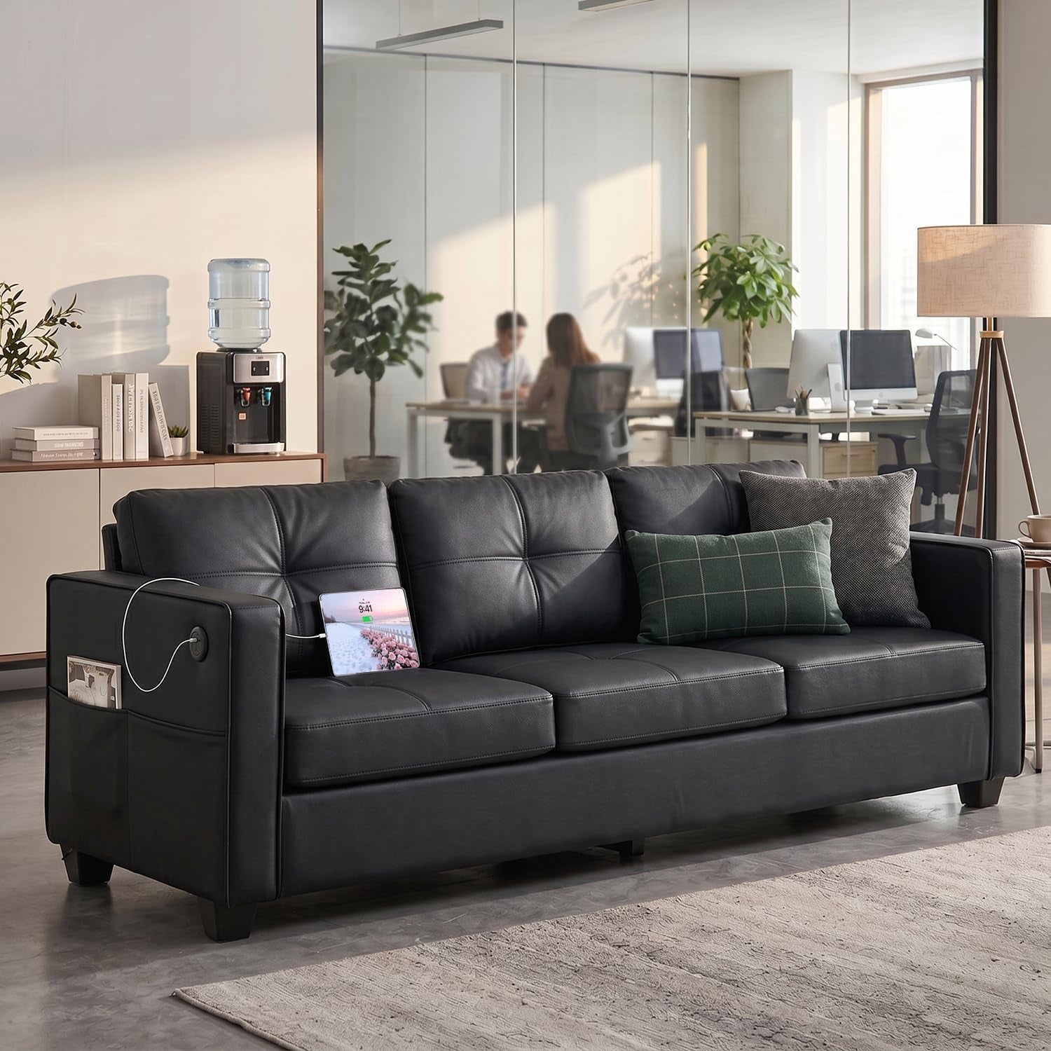 88-black-faux-leather-couch-with-usb-3-seater