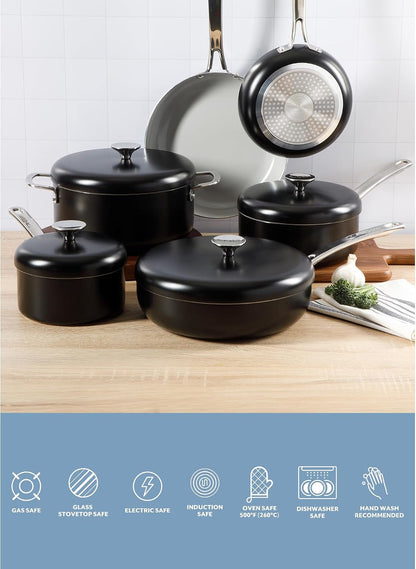 Sur La Table Kitchen Essentials Potluck Porch 10 Piece PFA Free Ceramic Non Stick Interior Forged Aluminum Cookware Pots and Pans Set W/Aluminum Lids - Black - Induction Compatible4