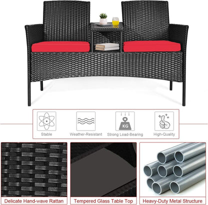 Wicker Patio Conversation Furniture Set, Outdoor Furniture Set with Removable Cushions & Table, Tempered Glass Top, Modern Rattan Bench for Garden Lawn Backyard7