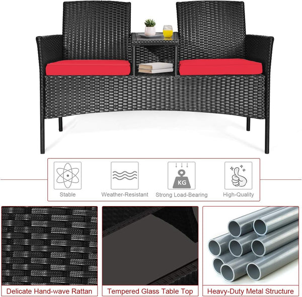 Wicker Patio Conversation Furniture Set, Outdoor Furniture Set with Removable Cushions & Table, Tempered Glass Top, Modern Rattan Bench for Garden Lawn Backyard7