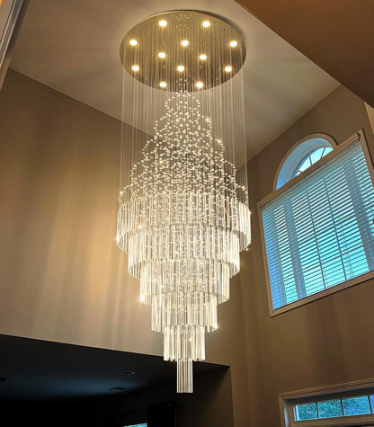 W32 X H100 Glam Chandelier with LED Bulbs Crystal Raindrop High Ceiling Pendant Light for Entrance Large Villa Chandelier Foyer Lighting Fixtures Gold1