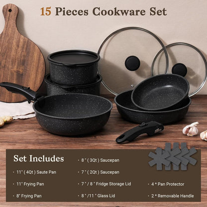 15Pcs Pots and Pans Set Non Stick, Detachable Handle, Induction | Nonstick,Black, Aluminum, Granite Coating,Induction Ready, RV Kitchen, Stackable Design, Space-Saving for Small Kitchens2
