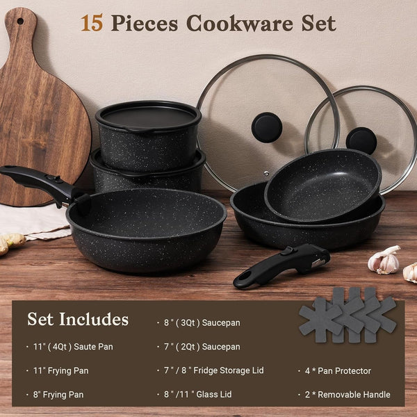 15Pcs Pots and Pans Set Non Stick, Detachable Handle, Induction | Nonstick,Black, Aluminum, Granite Coating,Induction Ready, RV Kitchen, Stackable Design, Space-Saving for Small Kitchens2