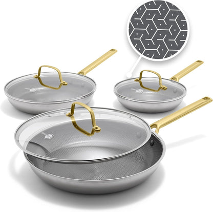 Hybrid 6 Piece (8",10" & 12") Stainless Steel Skillets with Lids | APEX Tri-Ply Frying Pans, Pfas-Free Nonstick, Induction & All Cooktop Compatible, Dishwasher & Oven Safe up to 850F, Gold1