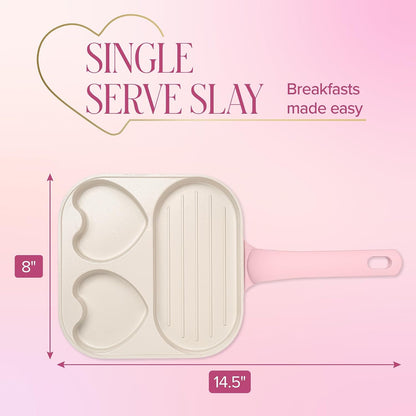 Ceramic Nonstick Divided Skillet with Heart-Shaped Sections and Grill Plate, Cast Aluminum, Dishwasher Safe, 8-Inch, Pink6