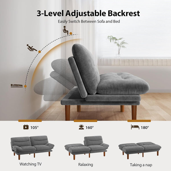 66 Inch Convertible Futon Sofa Bed, Corduroy, Grey5