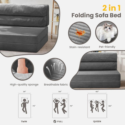 Folding Sofa Bed, Convertible Sleeper Chair with Pilow Foldable Matress, 2 in 1 Pull Out Loveseat Sofa Portable Fold Out Chair Bed Floor Couch Lounge for Living Room Bedroom (Grey, Full)7