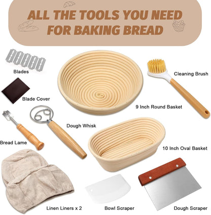 Sourdough Proofing Basket Gift Set, 9" round and 10" Oval Banneton Bread Baking Supplies, Sourdough Baskets with Bread Lame, Danish Whish, Bowl Scraper, Sourdough Scraper, and Linen Liner5