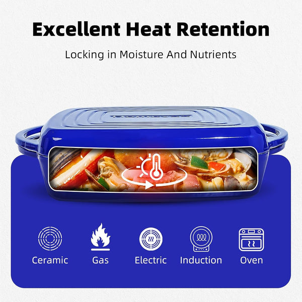 2-In-1 Square Enameled Cast Iron Dutch Oven 7QT Baking Pan and Gridle Lid with Dual Handles, Cast Iron Skillet Lid, Coating Gridle for Baking, Braising and Grilling - Blue4