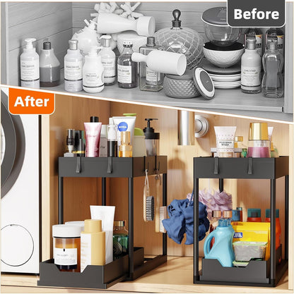 under Sink Organizer 2 Pack, Sink Pull-Out Sliding Storage Cabinet, 2-Tier under Shelf Organizer for Kitchen Bathroom, Black3