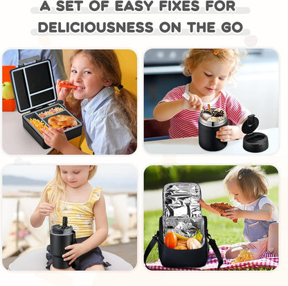 Lunch Box Set with Bento Box Container, 17OZ Stainless Steel Food Soup Thermo, Kids Water Bottle & Portable Insulated Lunch Bag – Leakproof, Hot/Cold Retention for School, Travel (Black)6