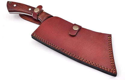 12 Inches Long Damascus Steel Blade Meat Cleaver with Leather Sheath, Hand Forged Rain Drop Pattern Damascus Steel Blade Kitchen Chopper, Natural Walnut Wood Scale with Red Fiber Spacing4