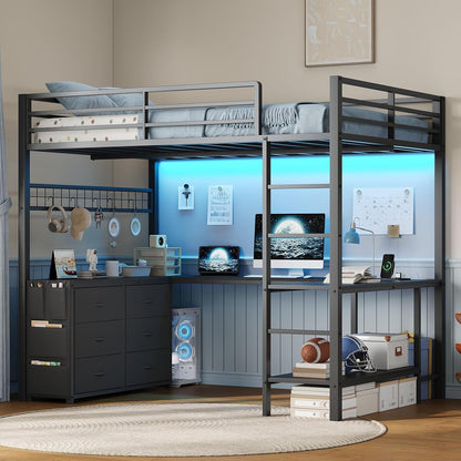 Full Size Loft Bed with Desk, LED Lights and Charging Station, Loft Bed Full Size with 6 Storage Drawers & 2 Shelves, Loft Bed Frame with Safety Guardrail & Ladders, No Box Spring Needed, Black1