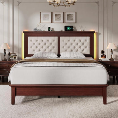 Solid Wood Queen Bed Frame 41.5” Tall Diamond-Tufted Upholstered Headboard, American Classic Flat-Top Bed, Stable Structure, Wood Slats Support, Noise-Free, No Box Spring Needed, Redish Brown9