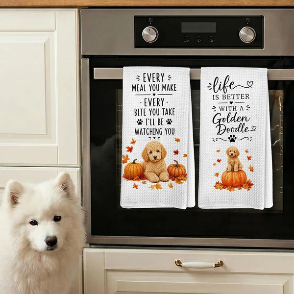 Fall Goldendoodle Pumpkin Kitchen Tea Dish Towels, Farmhouse Autumn Seasonal Dog Pumpkin Dish Towels for Kitchen, Goldendoodle Gifts Hand Towel for Bathroom 16X24In Set of 23