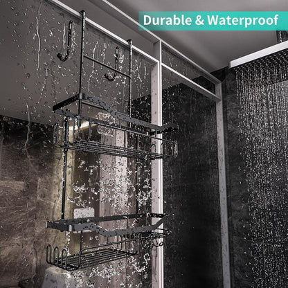 Hanging Shower Caddy over the Door with Soap Holder, No Drilling Adhesive Shower Organizer with 11 Hooks, Rustproof & Waterproof 304 Stainless Steel Bathroom Shelves - Black2