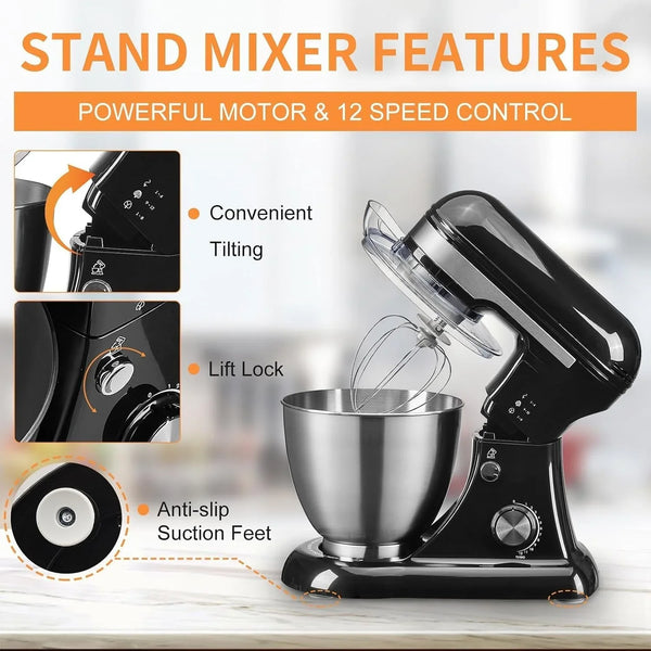 5QT Stand Electric Mixer, 12-Speed Kitchen Mixer with Tilt-Head, Stainless Steel Bowl Dough Mixer, Egg Whisk, Dough Hook & Beater Included, Idea for 3-5 Family,Black2