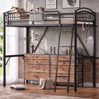 Metal Loft Bed Twin Size, Heavy Duty Loft Bed with Bedside Caddy, EVA Anti-Slip Ladder with Sturdy Guardrails, Space-Saving Twin Size Loft Bed for Teens & Adults for Bedroom Dorm (Black)1