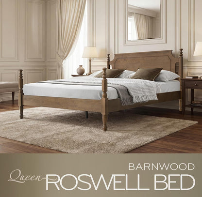 Solid Wood Queen Size Bed Frame with Headboard & Footboard, 12 Strong Slats, Center Metal Legs, Anti-Slip & Noise-Free Design, No Box Spring Needed, Quick Assemble, Barnwood Finish, ROQ-303