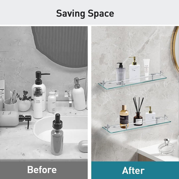 Glass Bathroom Shelves, Rectangular Tempered Glass Floating Shelves for Wall with 304 Stainless Steel Rail and Zinc Alloy Bracket, 2 Pack7