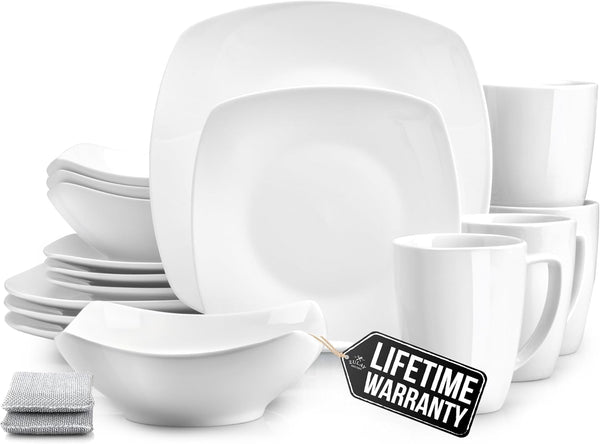 Luna Plates and Bowls Sets, 16 Piece Modern Porcelain Dish Set for 4, Chip and Scratch Resistant Square Dinnerware Set, Microwave and Dishwasher Safe, Pearl White1