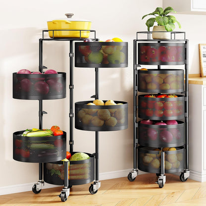 5-Tier Fruit and Vegetable Basket Bowls for Kitchen, Rotating, Black | Metal Top Lid, Rolling Storage Rack Cart for Potato, Onion &Fruit, Large Wire Basket Organizer for Kitchen Counter, Pantry1