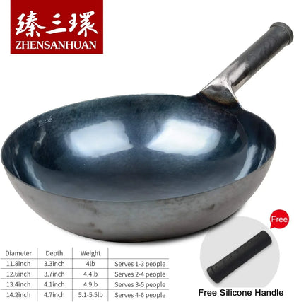 Zhensanhuan Chinese Hand Hammered Iron Woks and Stir Fry Pans, Non-Stick, No Coating, Less Oil, 章丘铁锅，Carbon Steel Pow (Seasoned 32CM)3