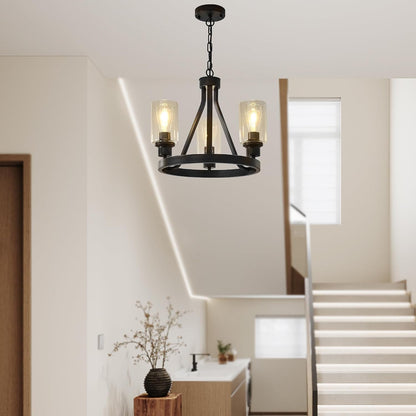 Bronze Chandelier,Farmhouse Chandelier Lighting round 3 Lights with Glass Shade Ceiling Hanging Vintage Rustic Light Fixture for Dining Room Living Room Foyer Porch Kitchen Island4