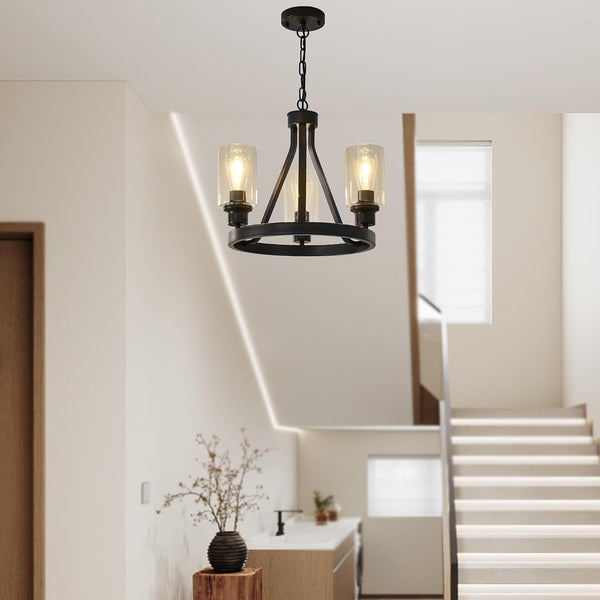 Bronze Chandelier,Farmhouse Chandelier Lighting round 3 Lights with Glass Shade Ceiling Hanging Vintage Rustic Light Fixture for Dining Room Living Room Foyer Porch Kitchen Island4