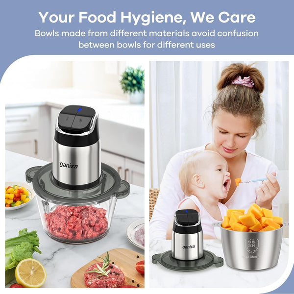 Food Processor with Dual Bowls, 2-Speed Food Chopper & Meat Grinder | 8Cup Stainless & 8Cup Glass Bowls, Upgraded Button & Smart Overheat Protection Light - Includes Clean Brush, 2 Sets of Blades5