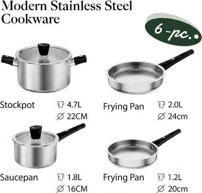 Stainless Steel Pots and Pans Set Non Toxic, 6Pcs Kitchen Cookware Sets with Stay-Cool Handles, Dishwasher Safe&Compatible with All Stovetops(Gas,Electric&Induction)5