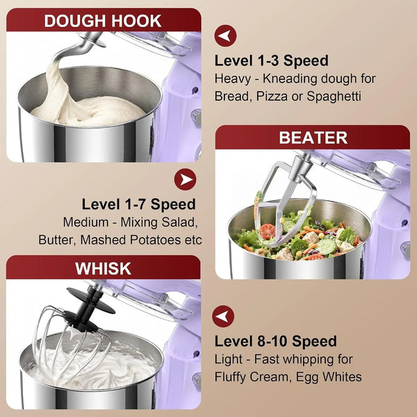 4QT Electric Stand Mixer, 10-Speed Tilt-Head Compact Kitchen Mixer | Multiple Stylish Colors | Food Mixer with Dough Hook & Beater & Whisk | for Cake & Bread | Dishwasher-Safe | Purple5