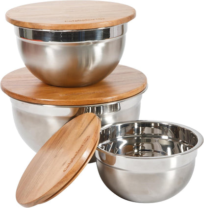 Orbit Mixing Bowl Set, 3-Piece Stainless Steel Mixing Bowls(1.5 Qt, 3 Qt, 5 Qt) with Acacia Wood Lids & Non-Slip Base, Kitchen Prep Bowls for Mixing, Serving & Food Storage1