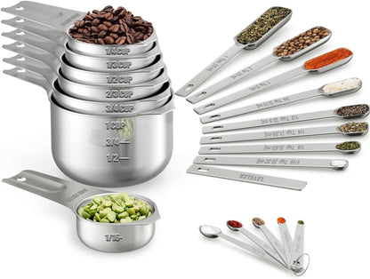 Measuring Cups & Spoons Set of 21 - Includes 7 Stainless Steel Nesting Cups, 8 Measuring Spoons, 1 Leveler & 5 Mini Measuring Spoons, Ideal for Dry and Liquid Ingredients1
