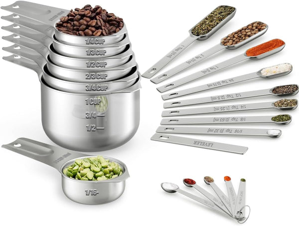 Measuring Cups & Spoons Set of 21 - Includes 7 Stainless Steel Nesting Cups, 8 Measuring Spoons, 1 Leveler & 5 Mini Measuring Spoons, Ideal for Dry and Liquid Ingredients1