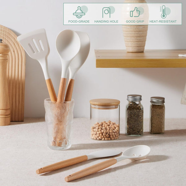 Silicone Cooking Utensils Set with Heat Resistant Wood Handle, 10PCS5