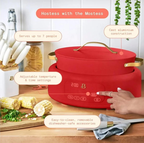 Drew Barrymore 10 in 1, 6 Qt Electric Multi-Cooker, Bright Red, Cast Aluminum2
